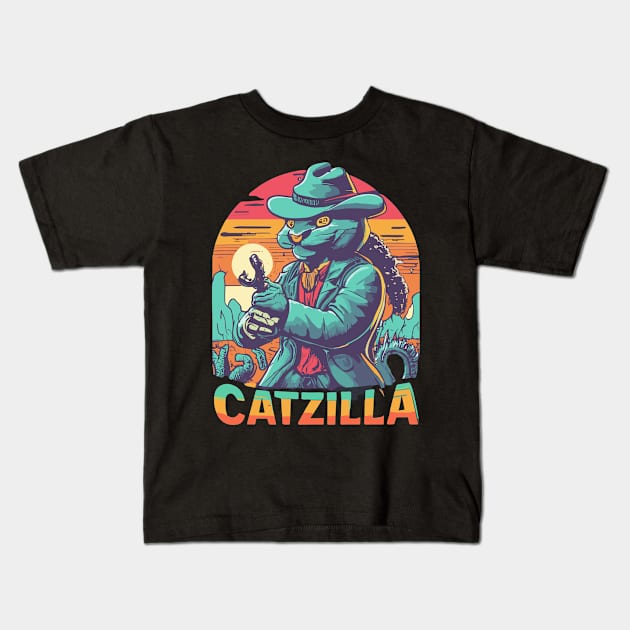 Vintage Catzilla Funny Cat Destroy Kids T-Shirt by kknows